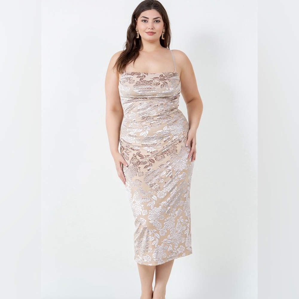 Floral Beige and Silver Midi Dress